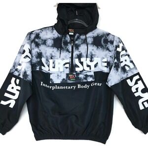 Surf Style Jacket Mens Medium Black Tie Dye Hooded 1/2 Zip Windbreaker Pullover